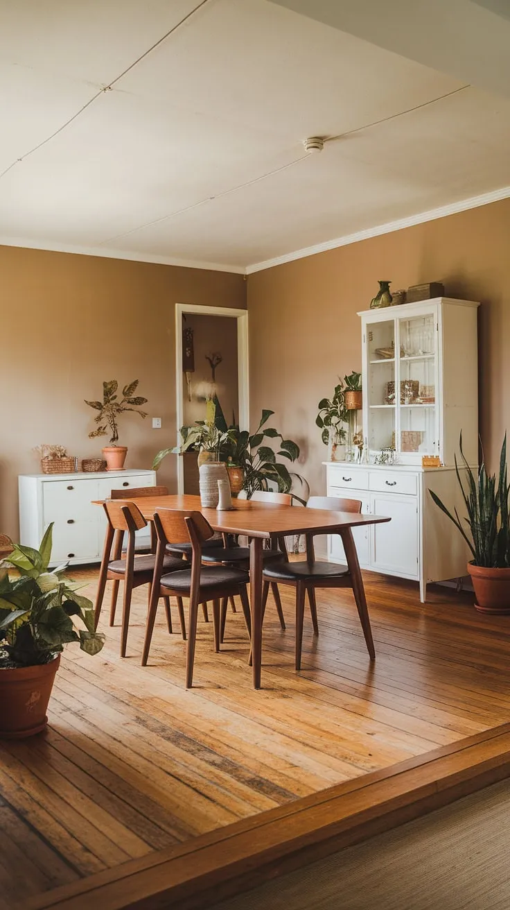 The earthy dining room features a wooden table and potted plants, harmonizing mid-century modern home decor with a cozy, inviting atmosphere.