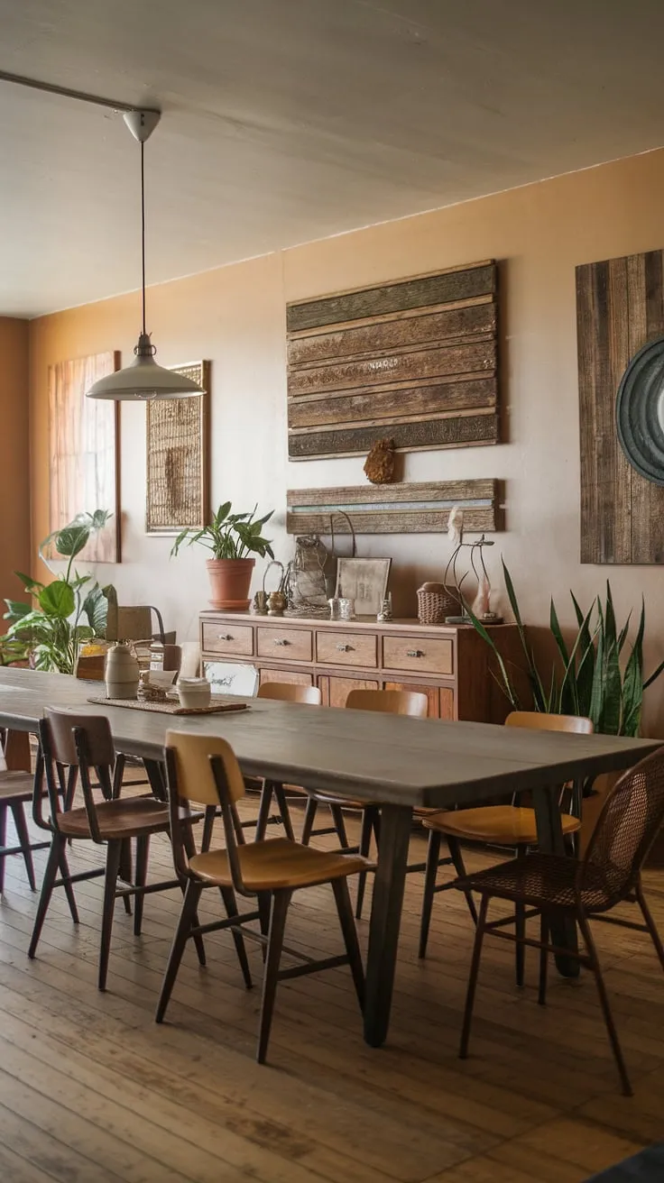 The earthy dining room showcases mid-century modern home decor with a wooden table, vintage chairs, and rustic art, perfectly blending mid-century styling and a cozy atmosphere.