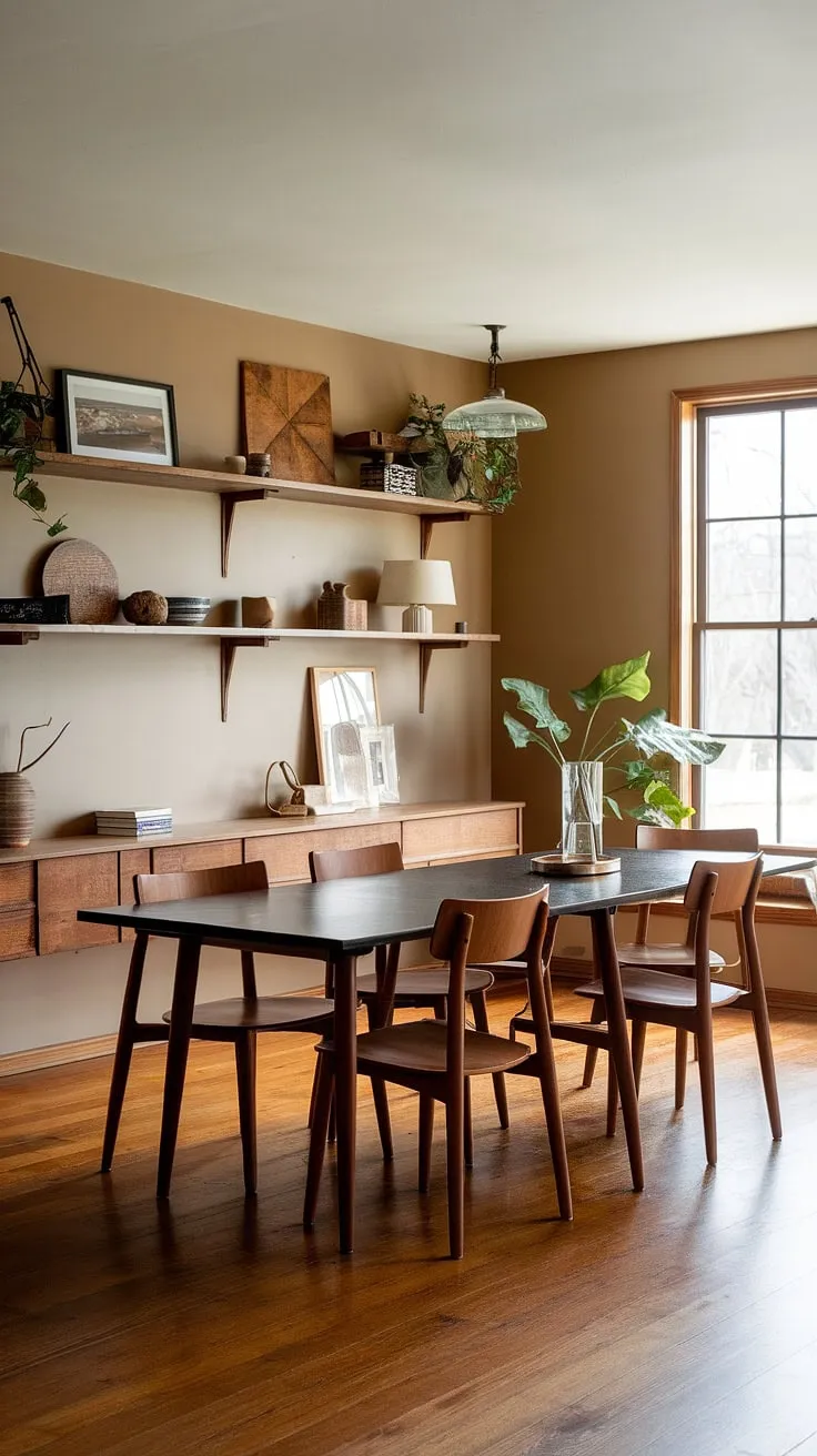 This mid-century modern farmhouse dining room features earthy tones, a long wooden table, and natural light, creating a harmonious modern earthy dining space.