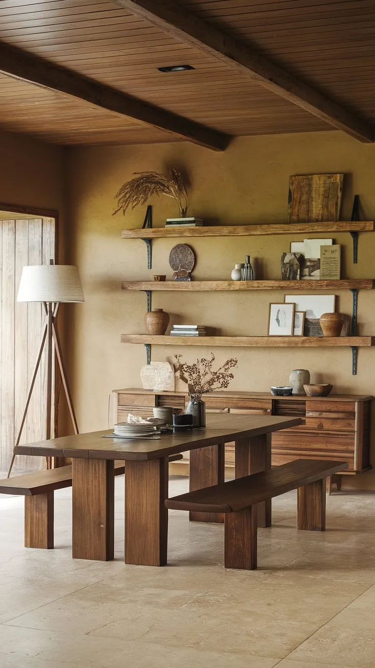 The earthy dining room features a large wooden table and rustic decor, perfectly embodying mid-century modern home interior aesthetics in a cozy, inviting atmosphere.