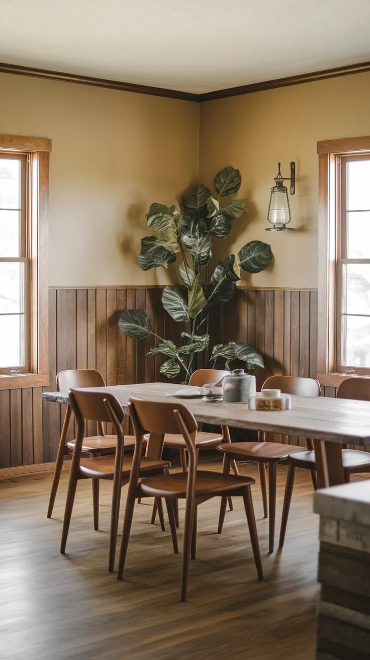The earthy dining room showcases mid-century modern home decor with a rustic wooden table and warm tones, perfectly blending mid-century styling with a cozy atmosphere.