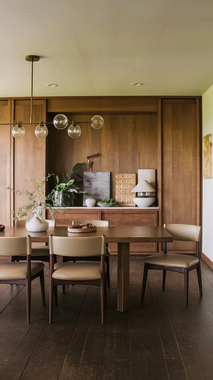 The earthy dining room showcases mid-century modern home decor with a long wooden table, beige chairs, and a built-in cabinet, creating a cohesive mid-century style living room atmosphere.