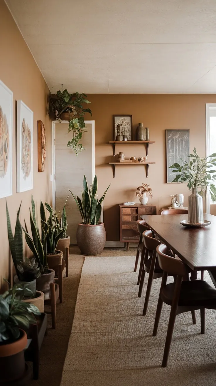This mid-century modern farmhouse dining room features earthy tones, a long wooden table, and potted plants, creating a harmonious modern earthy dining space.