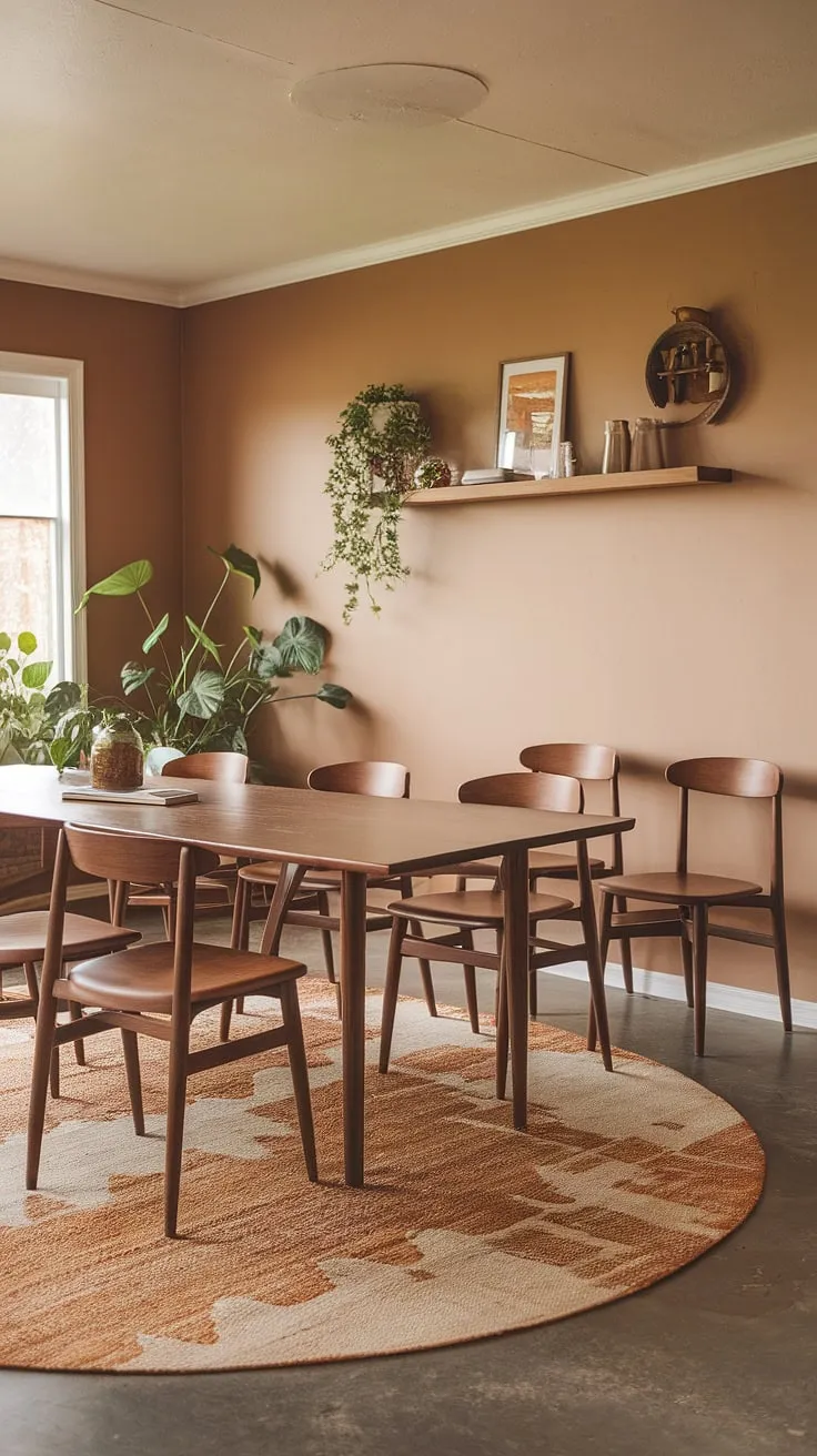 The earthy dining room showcases mid-century modern home decor with a wooden table, beige hues, and potted plants, perfectly blending mid-century style living room elements into a cohesive modern earthy dining space.