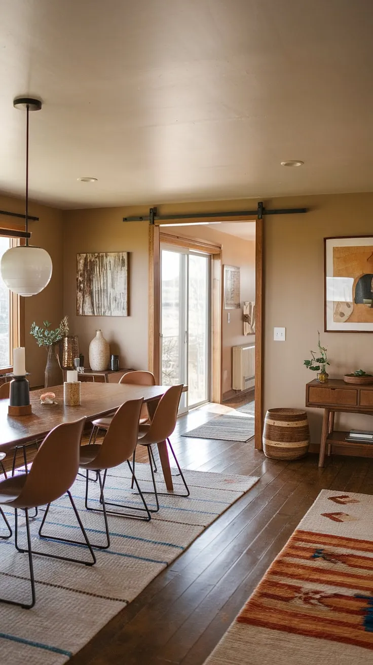 The inviting mid-century modern home interior features a wooden dining table and brown chairs, creating a harmonious blend of earthy living room decor and mid-century style.