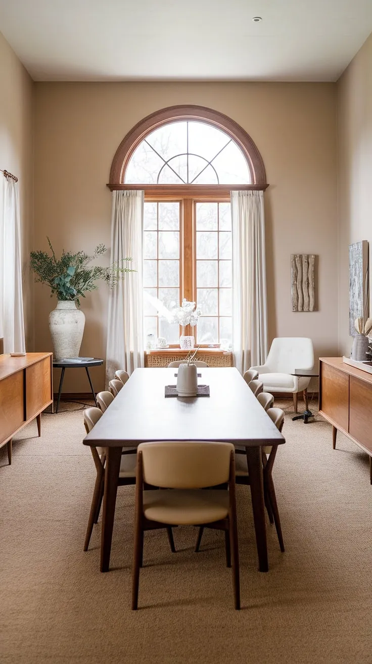 The earthy dining room showcases mid-century modern home decor with a wooden table and beige accents, perfectly blending mid-century styling and comfort in a modern earthy dining space.