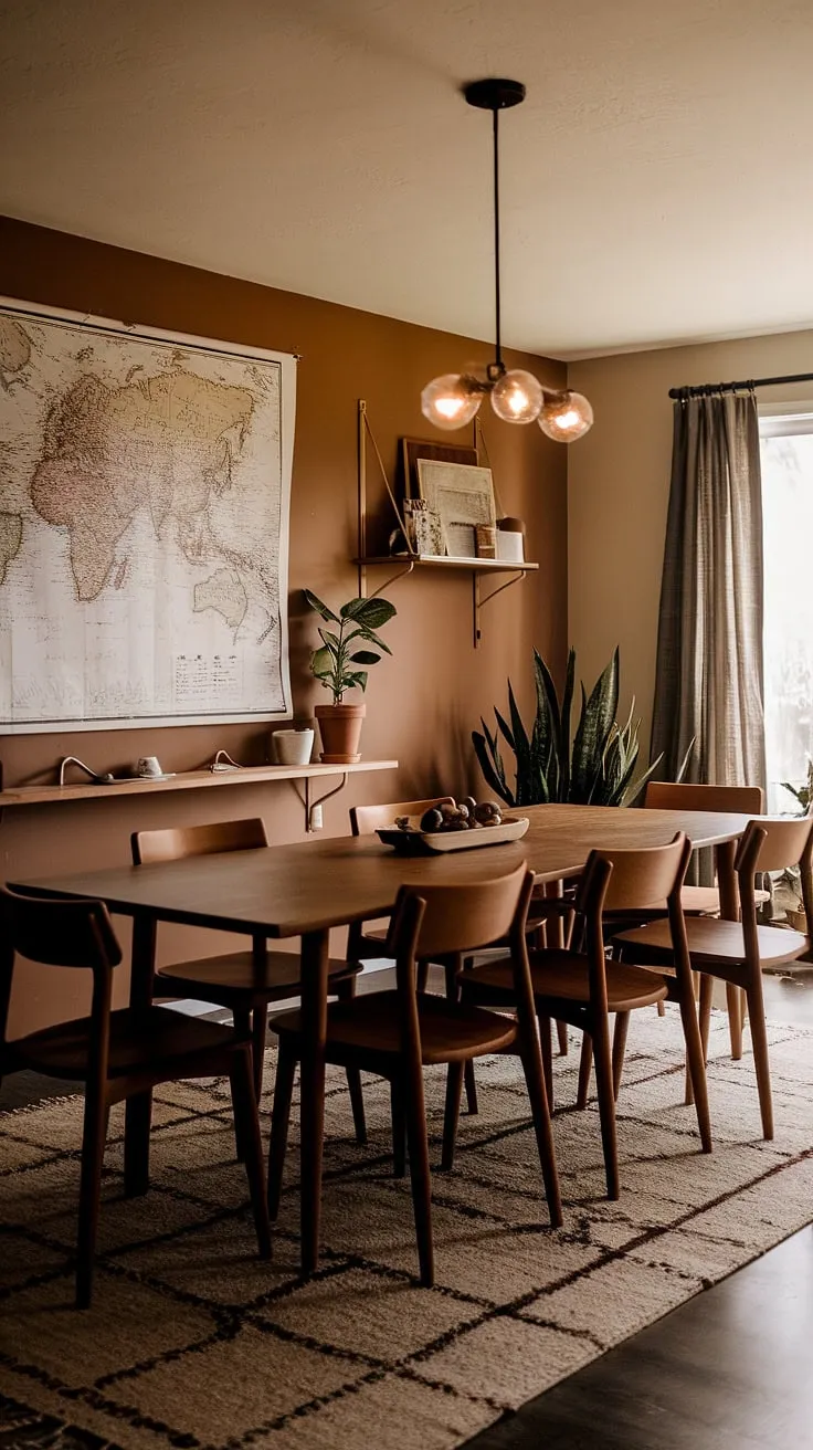 The inviting mid-century modern home interior showcases an earthy dining room with a wooden table, plants, and warm lighting, perfect for stylish gatherings.