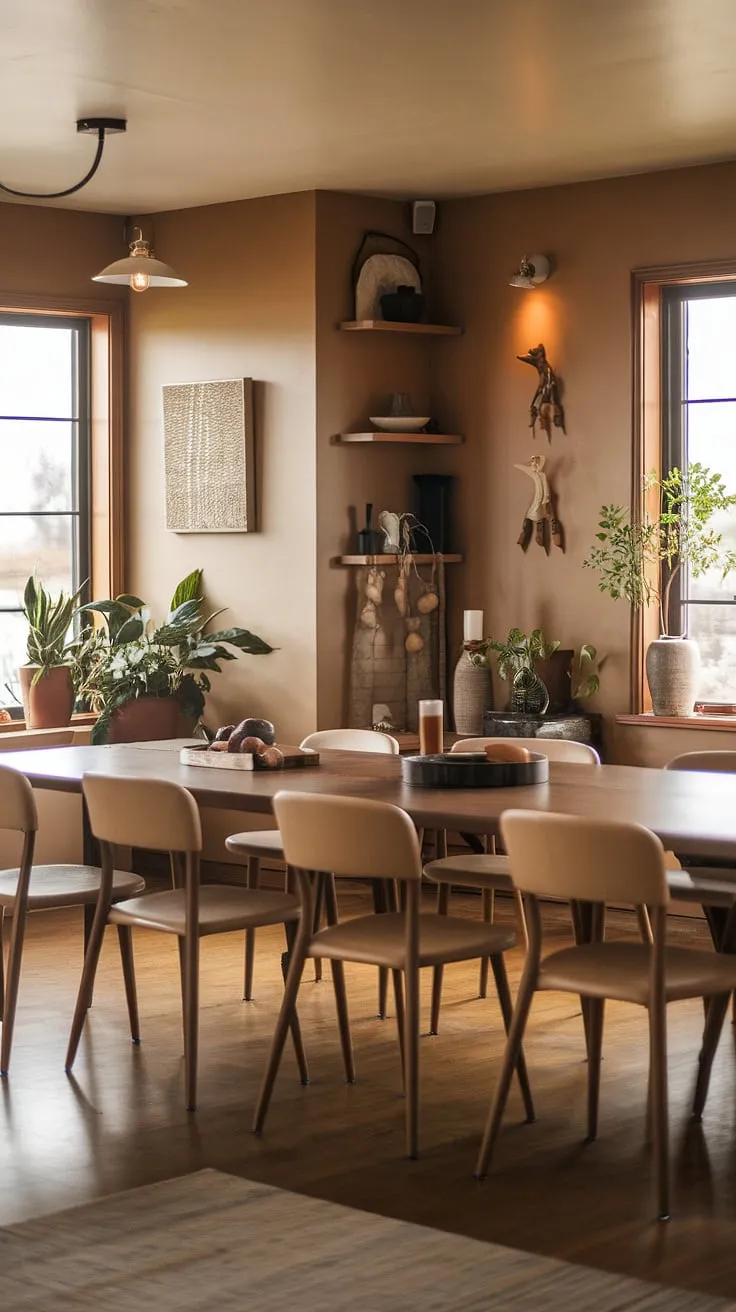 The inviting ambiance of this mid-century modern home interior showcases an earthy dining room adorned with potted plants and warm decor, perfect for a stylish living space.