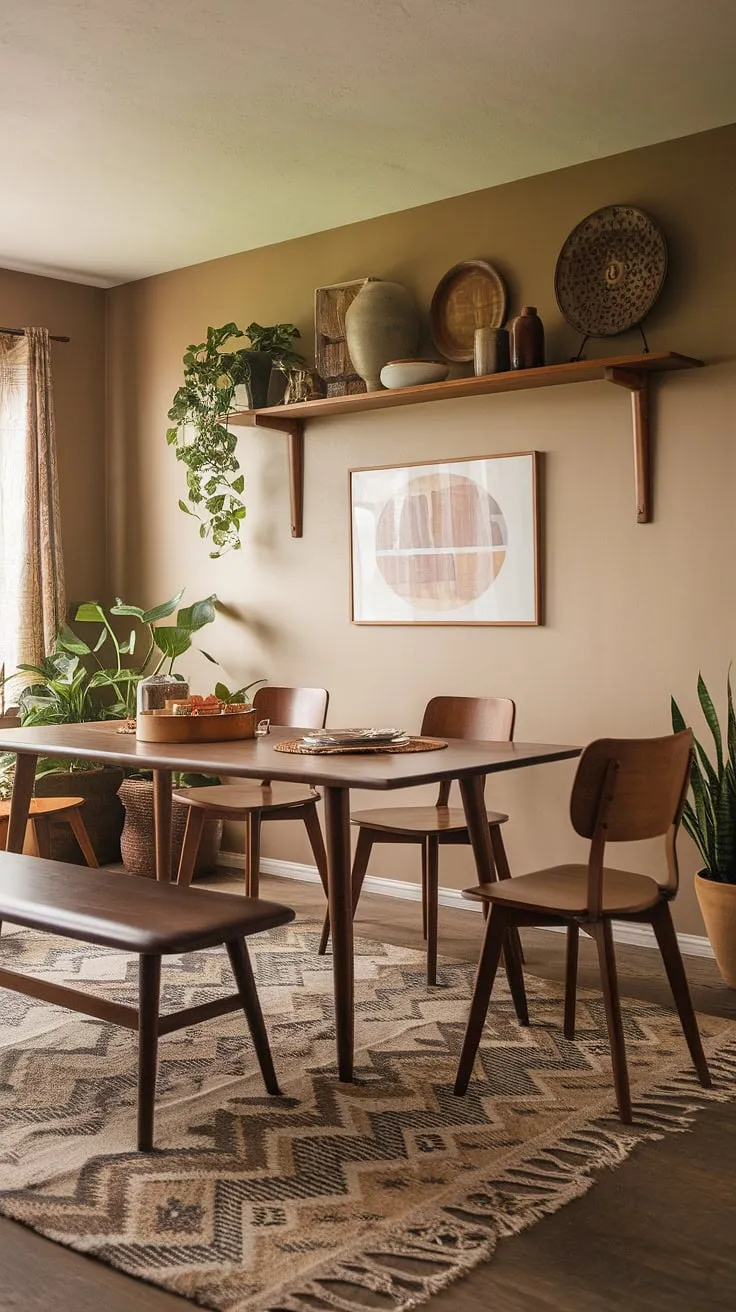 The beige walls and potted plants complement the mid-century modern home decor, creating a cohesive look with the earthy living room decor and mid-century styling.
