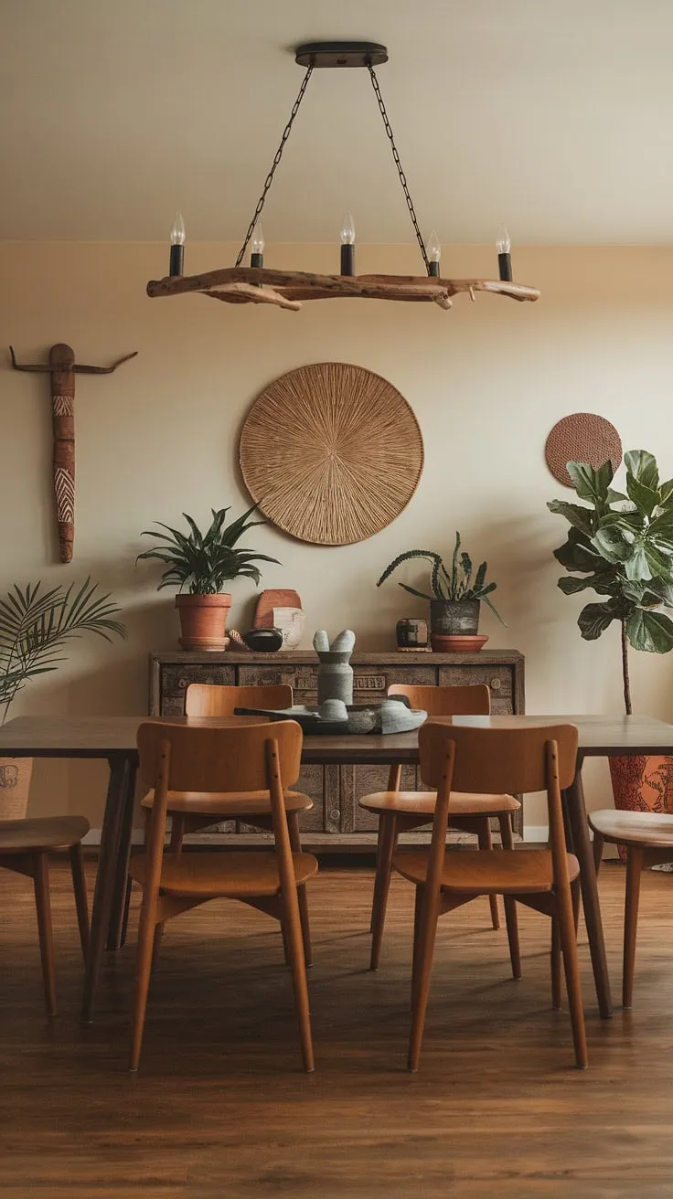 This mid-century modern farmhouse dining room features earthy decor with a wooden table, rustic chandelier, and potted plants, creating a warm and inviting modern earthy dining space.