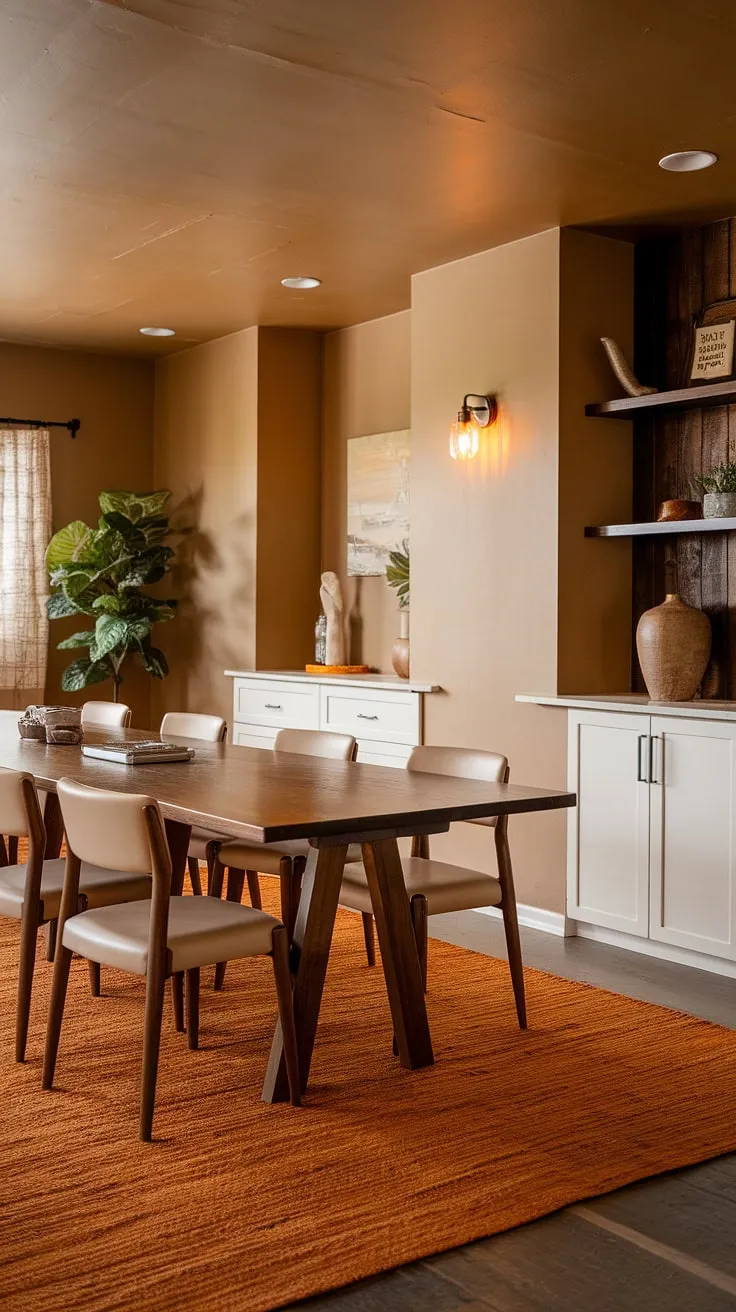 This mid-century modern farmhouse dining room features an earthy color palette with a long wooden table, beige chairs, and warm lighting, creating a stylish modern earthy dining space.