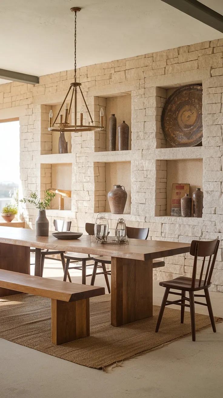 This mid-century modern farmhouse dining room features earthy decor with a long wooden table, vintage chandelier, and stone walls, creating a harmonious modern earthy dining space.
