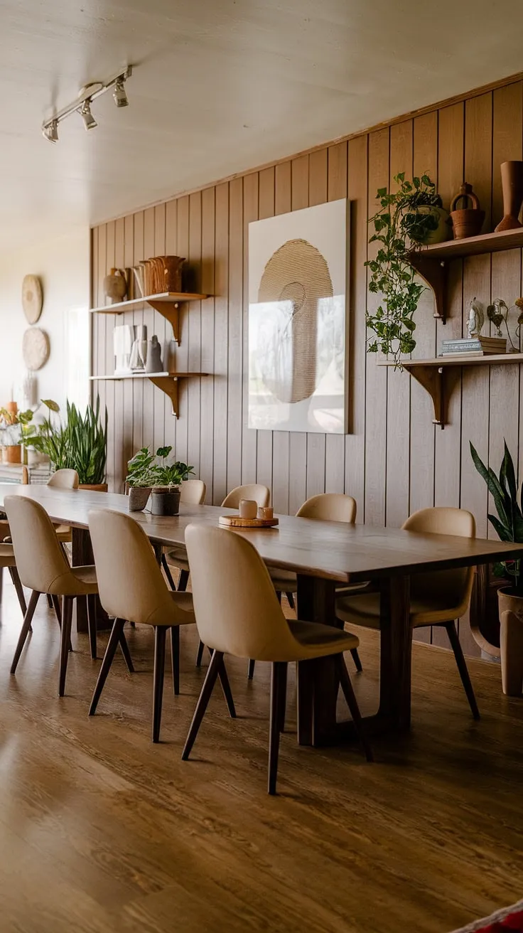The bright, wooden-paneled walls and natural decor elements in this mid-century modern home interior beautifully blend earthy living room decor with mid-century styling.