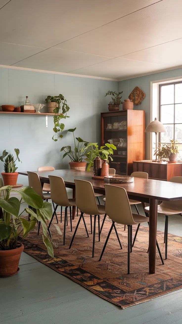 Featuring light blue walls and vintage decor, this mid-century modern home interior blends earthy living room decor with stylish mid-century styling.