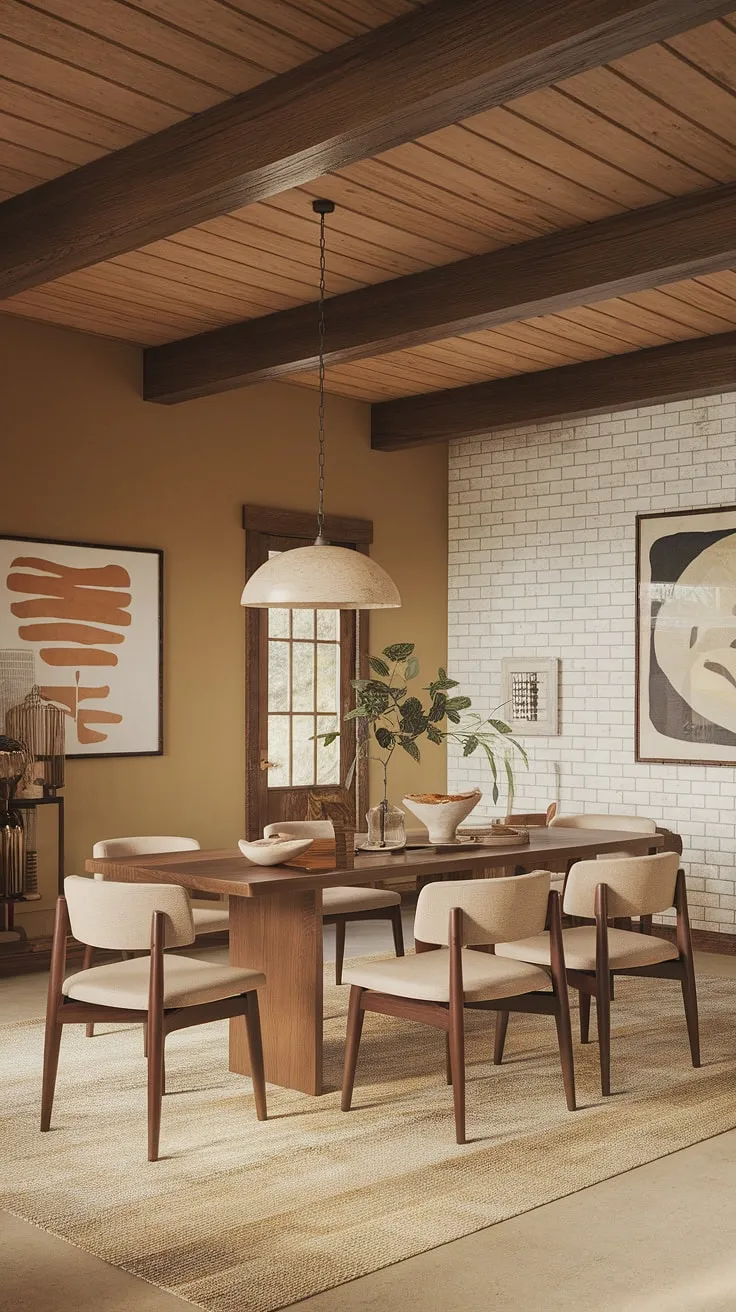 The earthy dining room showcases mid-century modern home decor with a wooden ceiling, beige walls, and a stylish table, perfectly blending mid-century styling with a cozy atmosphere.