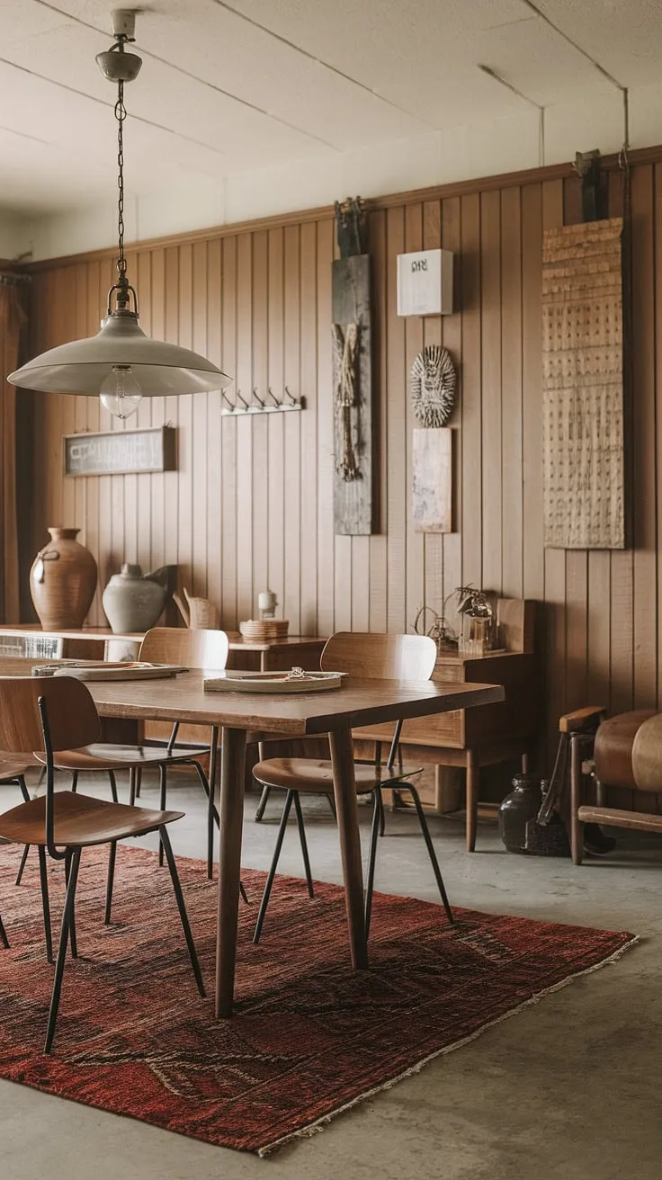 This mid-century modern farmhouse dining room features an earthy color palette, a long wooden table, and vintage decor, creating a stylish and inviting modern earthy dining space.