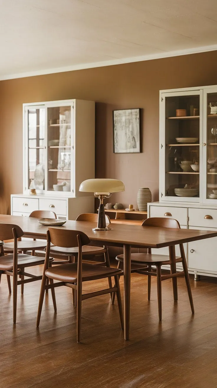 This mid-century modern farmhouse dining room features an earthy color palette with a wooden table, vintage lamp, and beige walls, creating a harmonious modern earthy dining space.