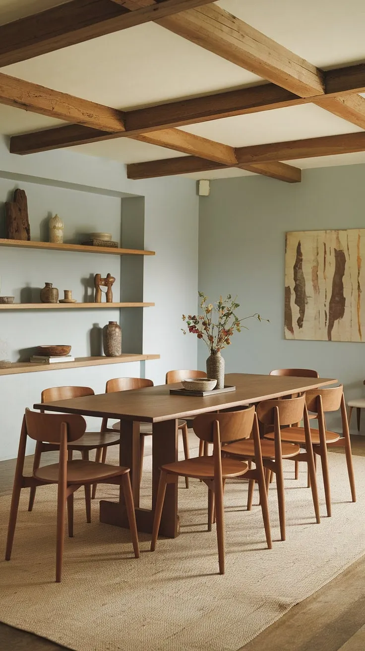 The inviting ambiance of this earthy dining room, with its light blue walls and natural materials, perfectly captures the essence of mid-century modern home decor.