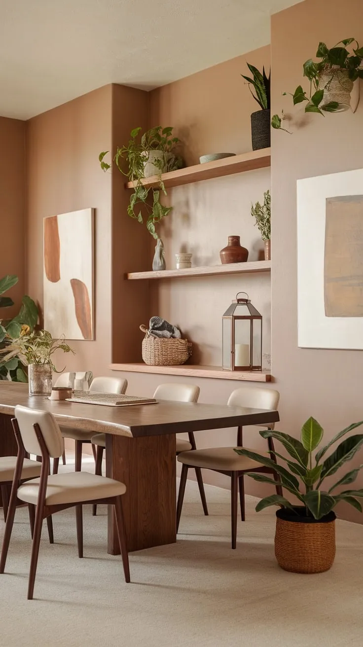 The inviting ambiance of this mid-century modern farmhouse dining room, adorned with earthy decor and a long wooden table, perfectly reflects the essence of mid-century styling in home interiors.