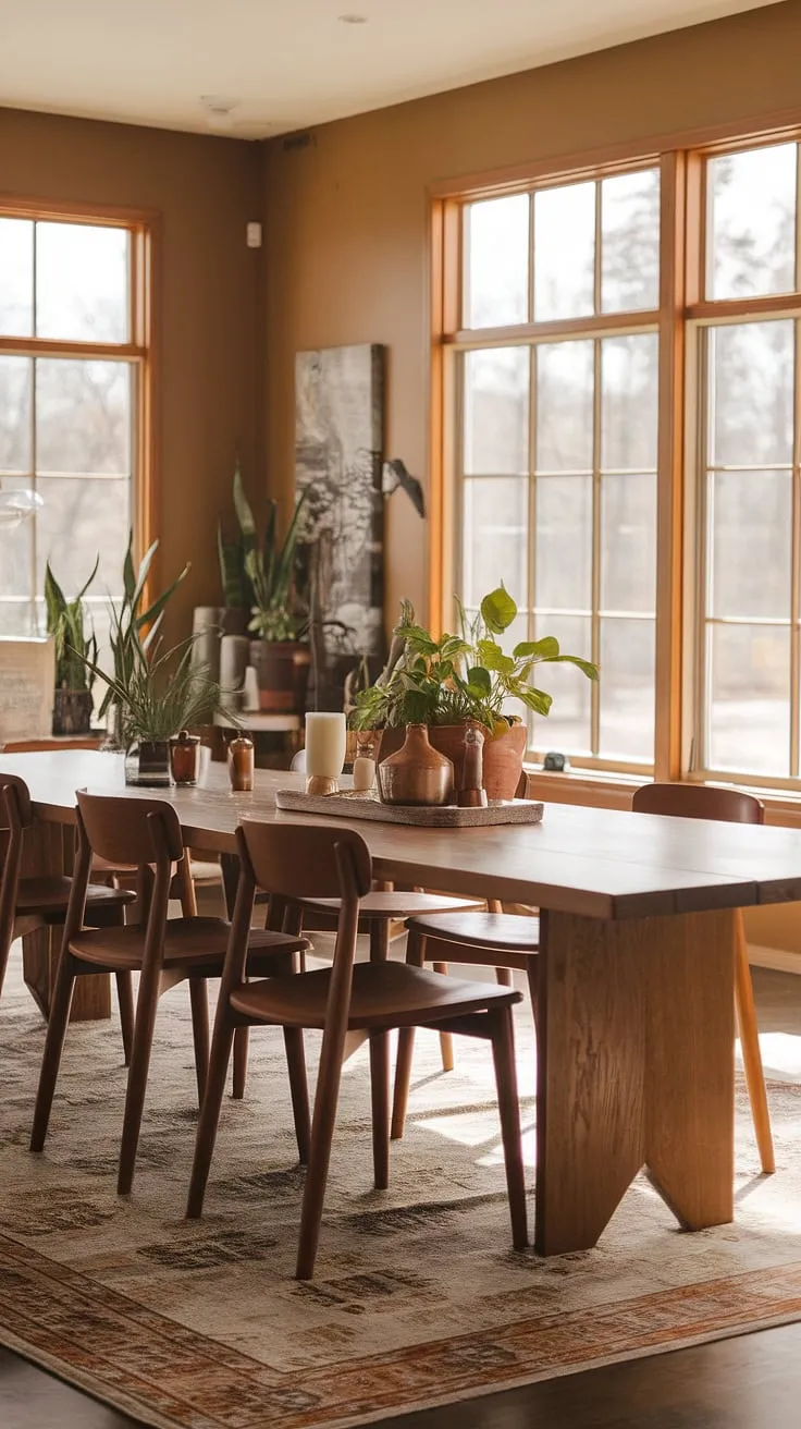 With its warm beige walls, potted plants, and patterned rug, this mid-century modern home interior beautifully blends earthy living room decor with mid-century styling.