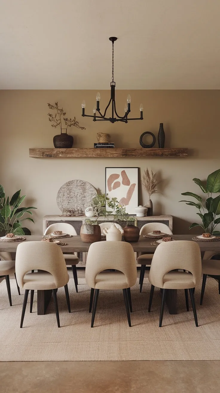 This mid-century modern farmhouse dining room showcases earthy tones with a long wooden table, beige chairs, and rustic decor, creating a harmonious modern earthy dining space.