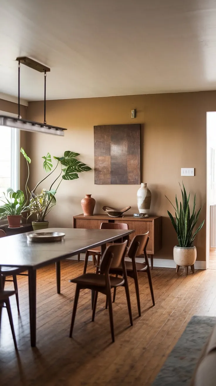 The earthy dining room showcases mid-century modern home decor with a wooden table, beige walls, and decorative accents, embodying the essence of mid-century styling in a cozy living space.