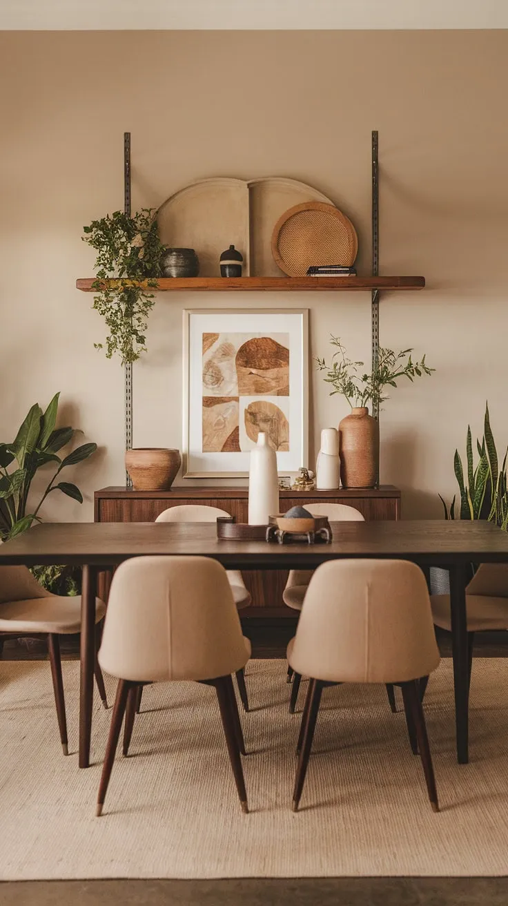 This mid-century modern farmhouse dining room showcases earthy tones with a dark wood table, beige chairs, and warm lighting, creating a harmonious modern earthy dining space.