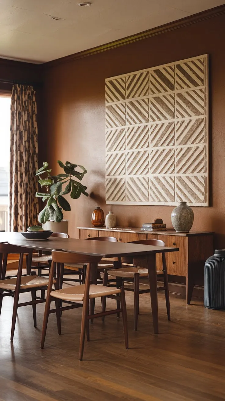 This mid-century modern farmhouse dining room showcases an earthy color palette with a long wooden table, geometric art, and soft lighting, creating a harmonious modern earthy dining space.