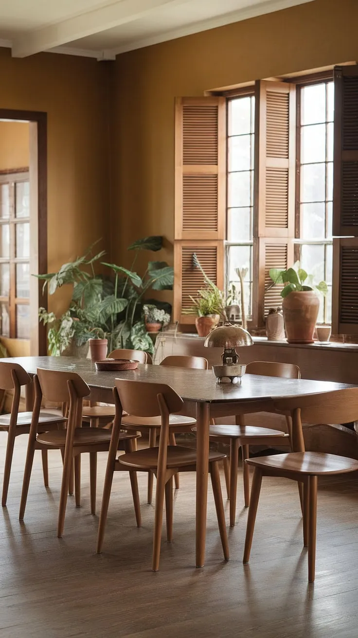 The warm beige walls and wooden flooring enhance the mid-century styling, making it a perfect blend of earthy living room decor and mid-century modern home interior.