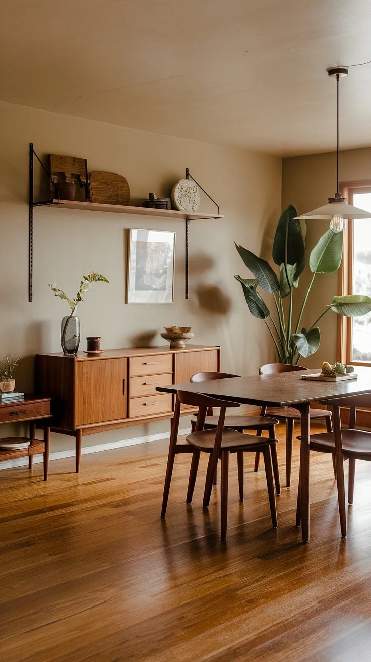 Featuring mid-century styling and decor, this earthy dining room blends a wooden table, potted plants, and warm beige walls for a cozy mid-century modern home interior.