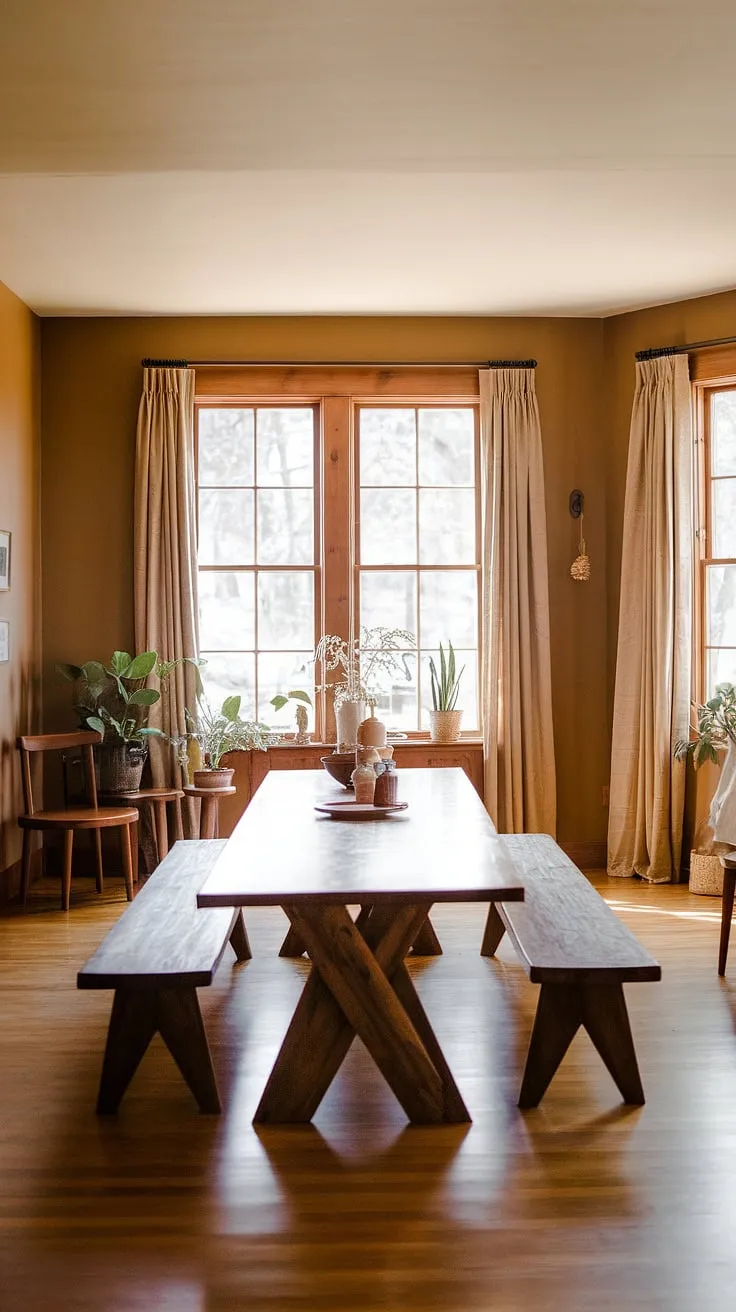 The inviting mid-century modern home interior features an earthy dining room with a wooden table, soft lighting, and natural elements, perfect for stylish gatherings.