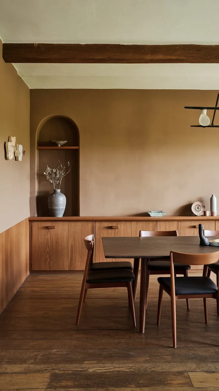 The earthy dining room showcases mid-century styling with a wooden beam ceiling and a built-in shelf, creating a modern earthy dining space perfect for a mid-century style living room.