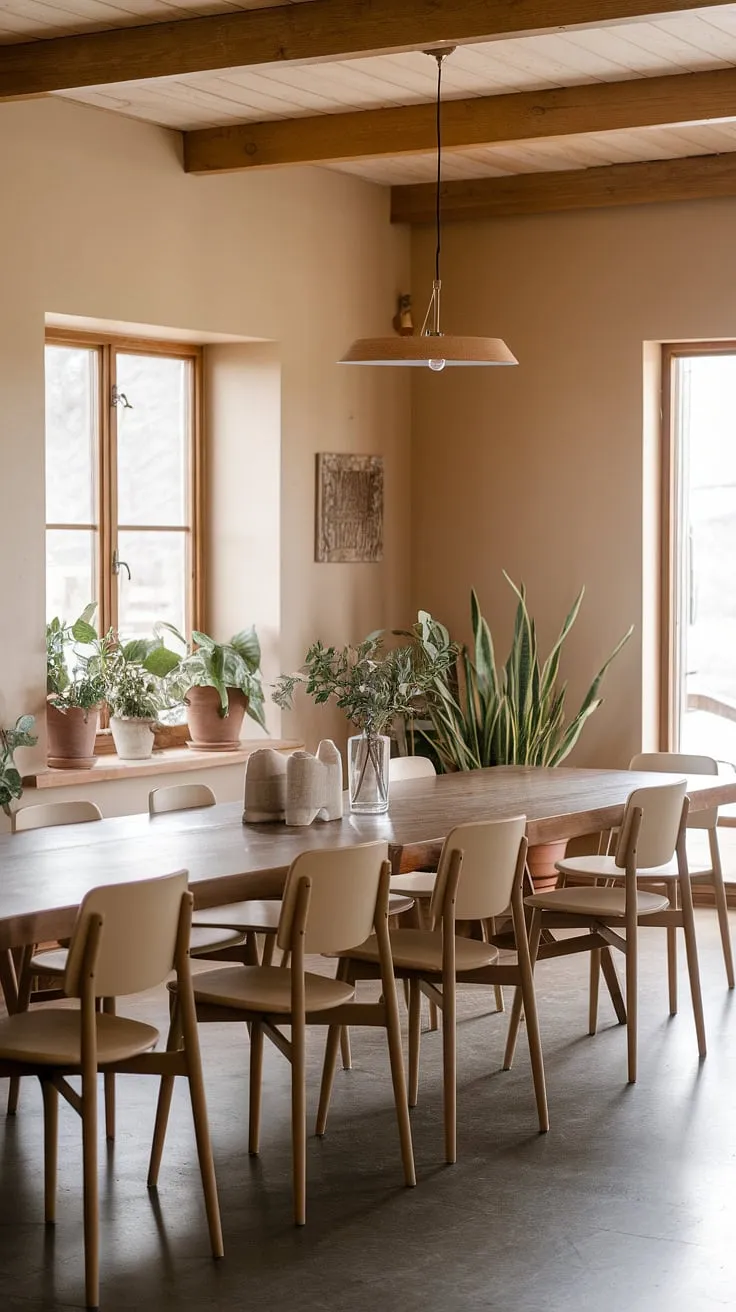 The soft beige walls and wooden beams enhance the mid-century styling, making it a perfect blend of earthy living room decor and mid-century modern home interior.