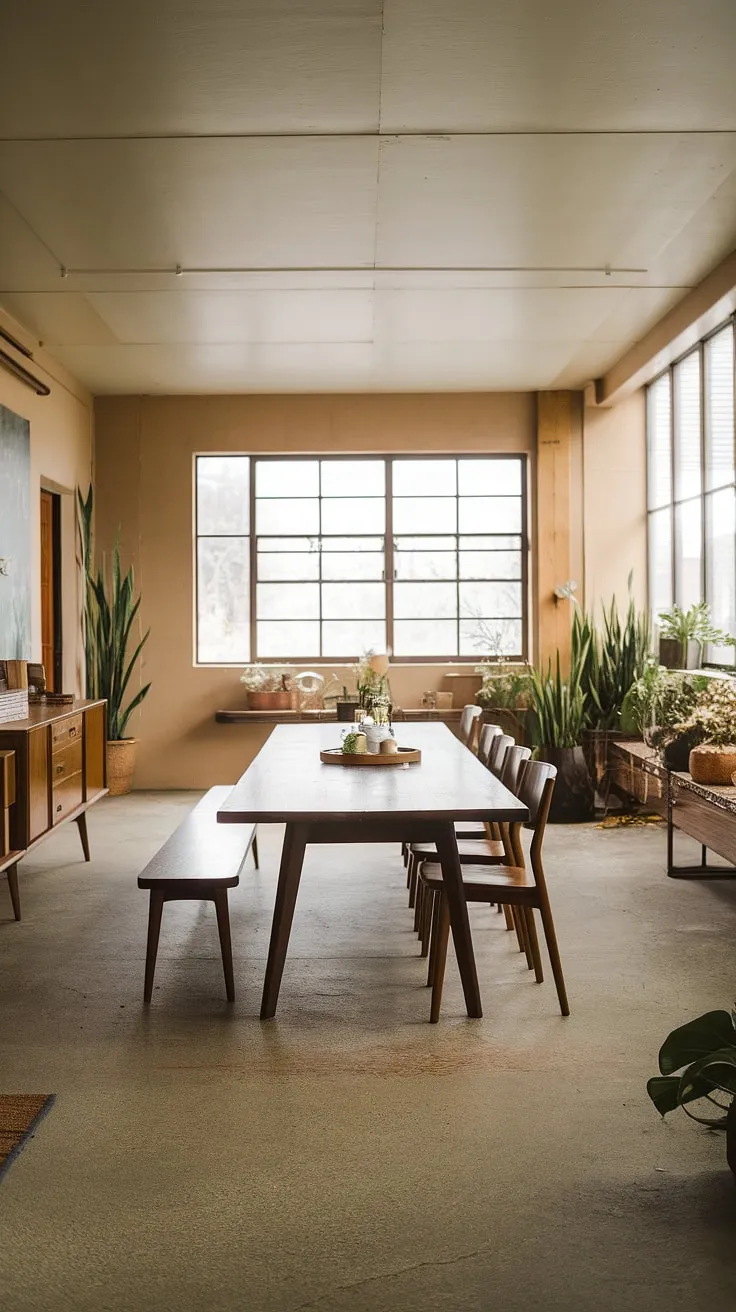 This mid-century modern farmhouse dining room features an earthy color palette, a long wooden table, and natural light, creating a warm and inviting modern earthy dining space.
