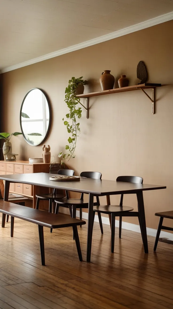 This mid-century modern farmhouse dining room features earthy decor with a long wooden table, beige walls, and soft lighting, creating a harmonious modern earthy dining space.