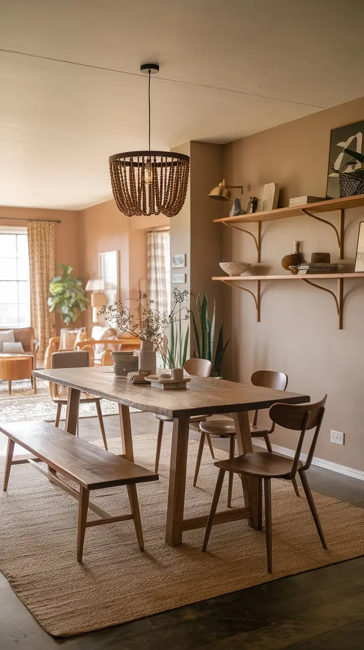The earthy dining room showcases mid-century modern home decor with a rustic wooden table and muted tones, harmonizing beautifully with the mid-century modern home interior and earthy living room decor.