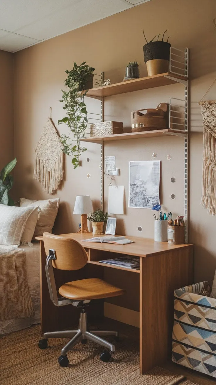This earthy dorm room, with its charming imperfections and a thriving plant, exudes a functional yet deeply personal haven of thoughtful simplicity.