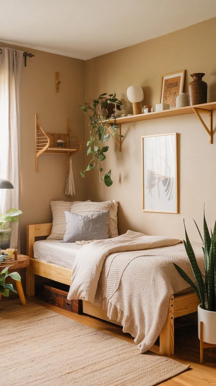 This dorm room beautifully blends earthy tones, rich textures, and vibrant greenery to create a stylish and serene sanctuary.