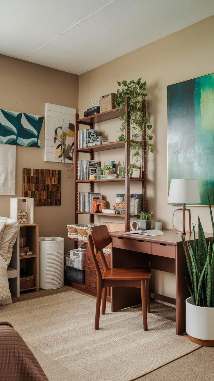 This dorm room masterfully blends functionality and aesthetic charm, creating a serene study sanctuary with natural textures and muted tones.