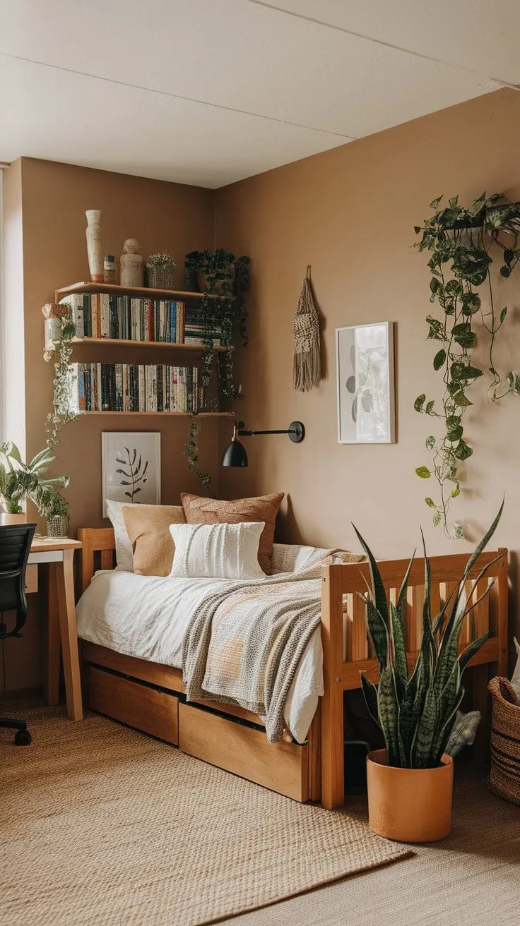This cozy dorm room, adorned with earthy tones and overflowing books, serves as a serene sanctuary for both study and relaxation.
