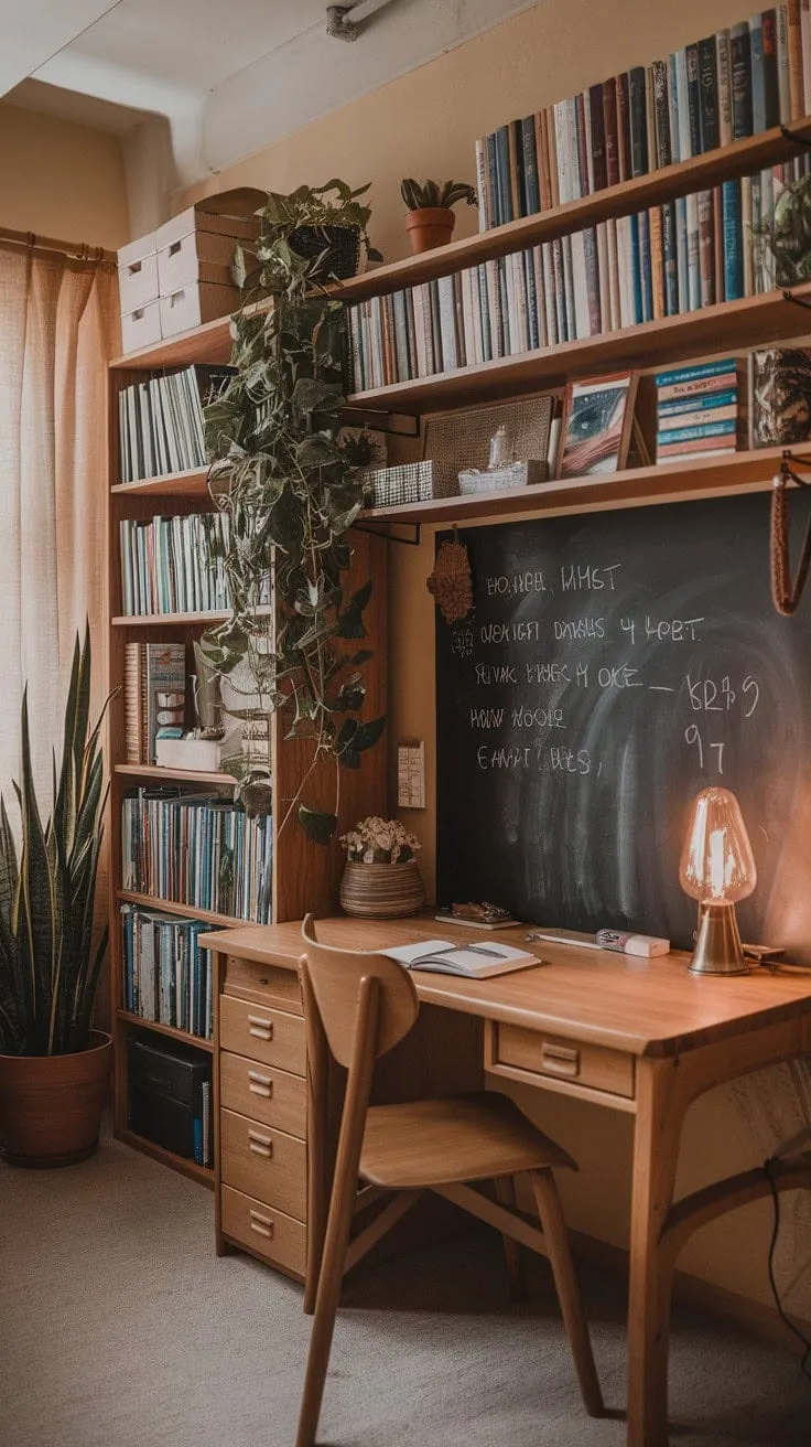 This thoughtfully designed dorm room blends cozy tranquility with a touch of personality, featuring natural wood, a vintage lamp, a chalkboard wall, curated books, and a thriving plant.