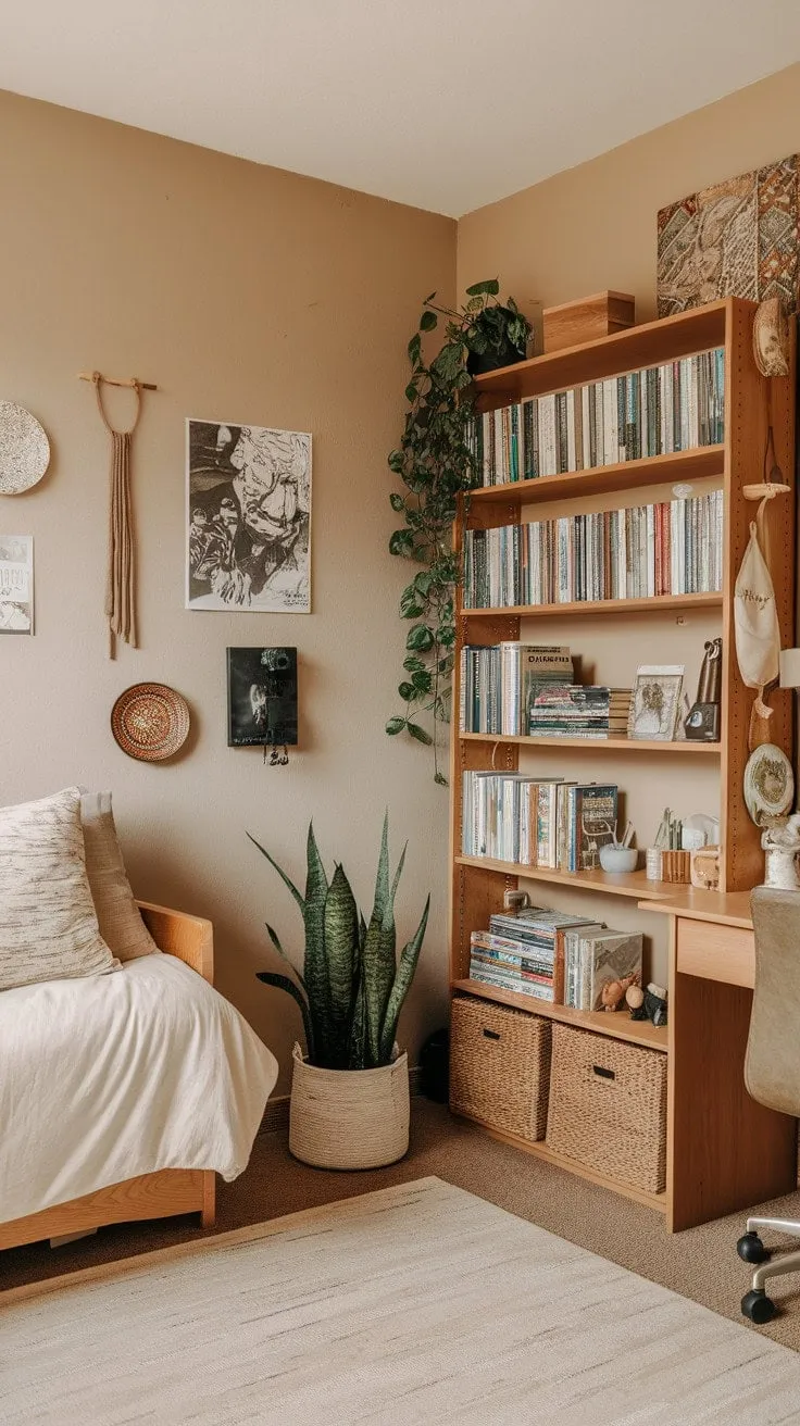 This inviting dorm room, illuminated by warm light and adorned with a story-filled bookshelf and vibrant plant, embodies a personal sanctuary that beautifully reflects its inhabitant's essence.