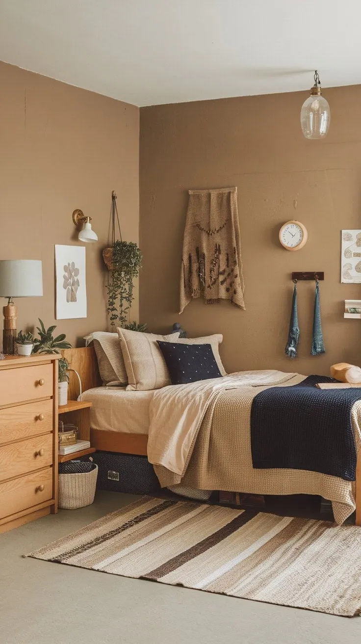 This dorm room, with its muted tones and natural textures, exemplifies how thoughtful design can turn a small space into a serene retreat.