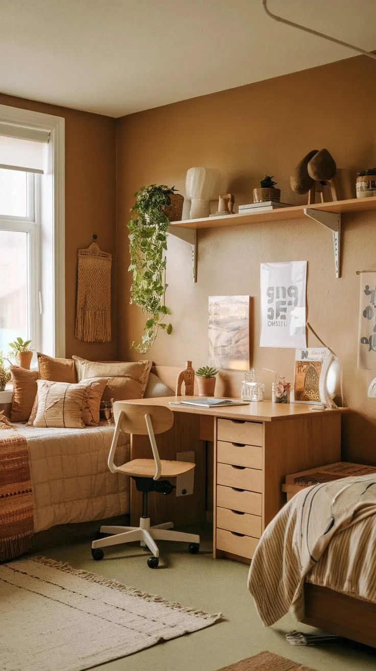 Bathed in sunlight, this earthy dorm room is a cozy sanctuary of comfort and creativity, where mindful design meets the warmth of personal touches.