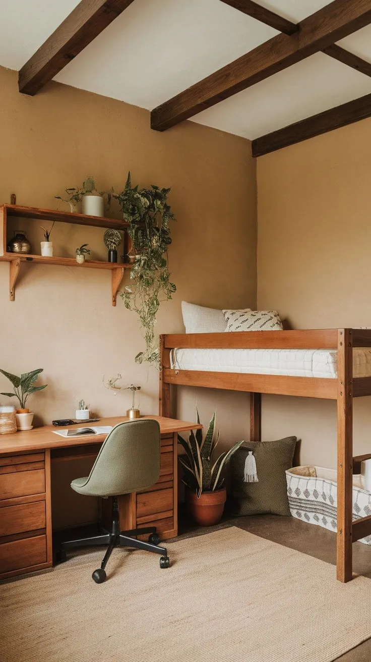 This serene dorm room blends natural textures and vibrant greenery to create a calming minimalist retreat.