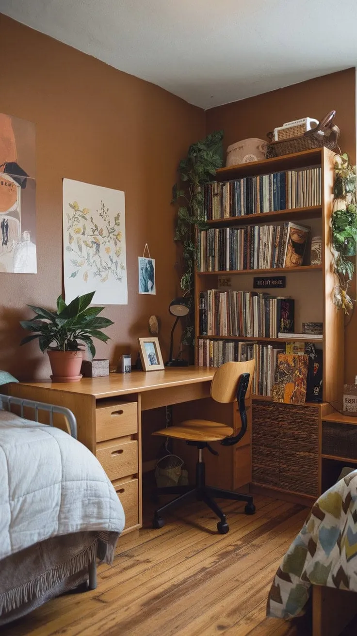 This inviting dorm room, adorned with earthy tones and personal artwork, exemplifies how thoughtful design transforms a small space into a cozy haven.