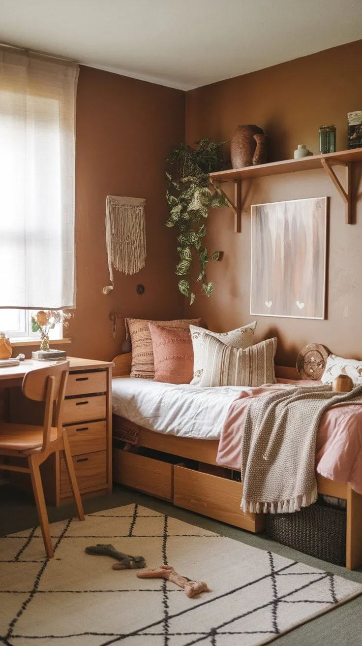 This dorm room beautifully embodies simple living with its natural wood furniture, vibrant plant, and soft lighting, creating a cozy sanctuary that reflects personal style and tranquility.