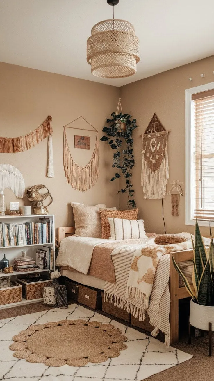 Bathed in warm light, this earthy dorm room exudes a cozy bohemian charm, inviting relaxation and quiet contemplation.