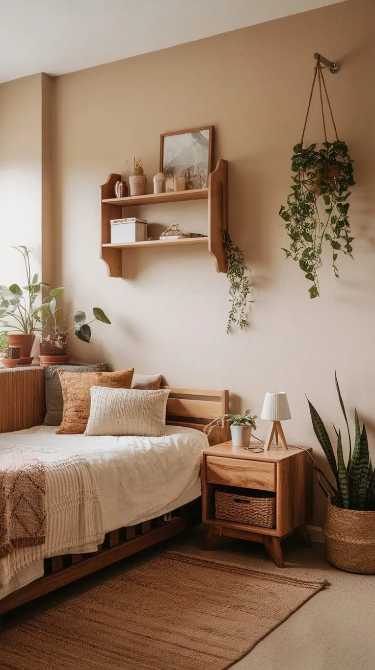 Bathed in warm light and adorned with simple wooden furniture and plants, this earthy dorm room exudes a serene sanctuary for rest and rejuvenation.