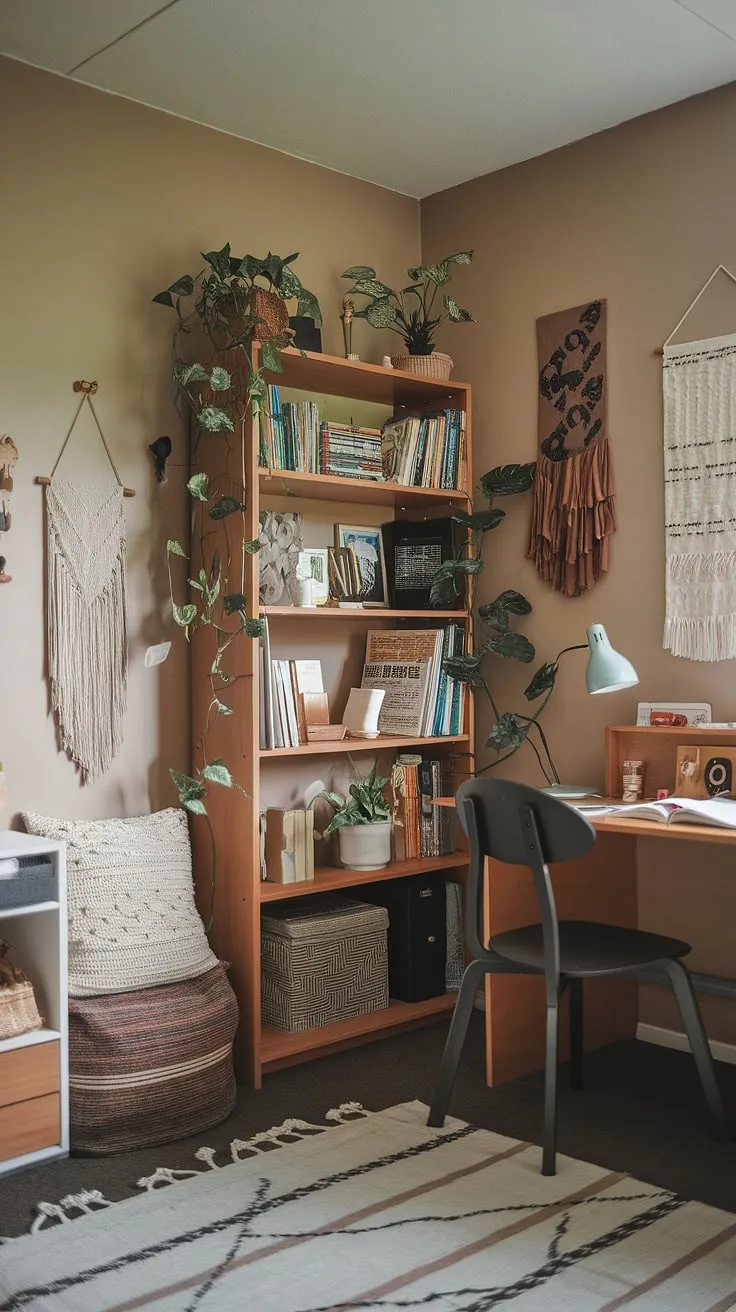 Elevate your bedroom vibes with earthy dorm room decor, featuring a wooden desk, plants, and soft lighting for a perfect room redesign.